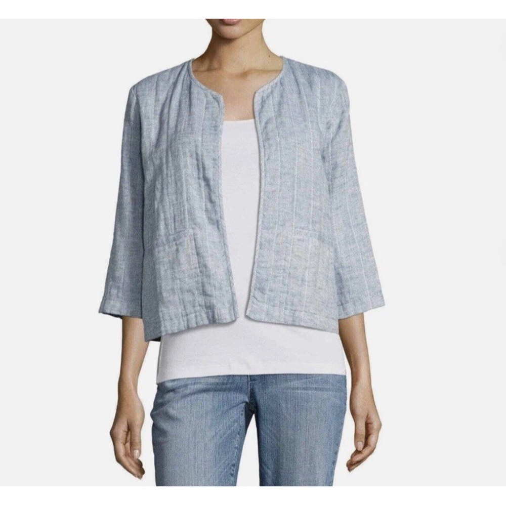 EILEEN FISHER Quilted Organic Cotton Linen Chambray Open Blazer Lagenlook Sz XL